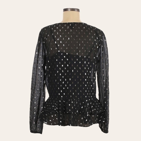 Halogen Nordstrom Gold Clipdot Sheer Sleeve Peplum Ruffle Blouse Size M NWT - Picture 2 of 10